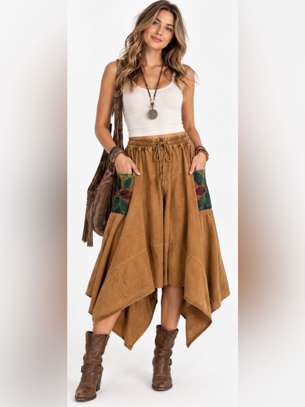 beadsZONE Boho Harem Drop Crotch Patchwork Pants S Lagenlook Cotton